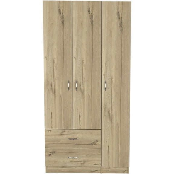 JERFIT 3-Door Armoire Wardrobe with Drawers & Hanging Rod, Light Oak Finish, Storage Cabinet for Bedroom