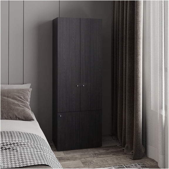 JERFIT 3-Door Freestanding Closet Organizer with Hanging Rod & Shelves, Compact Wardrobe Cabinet for Bedroom, Laundry Room, Black