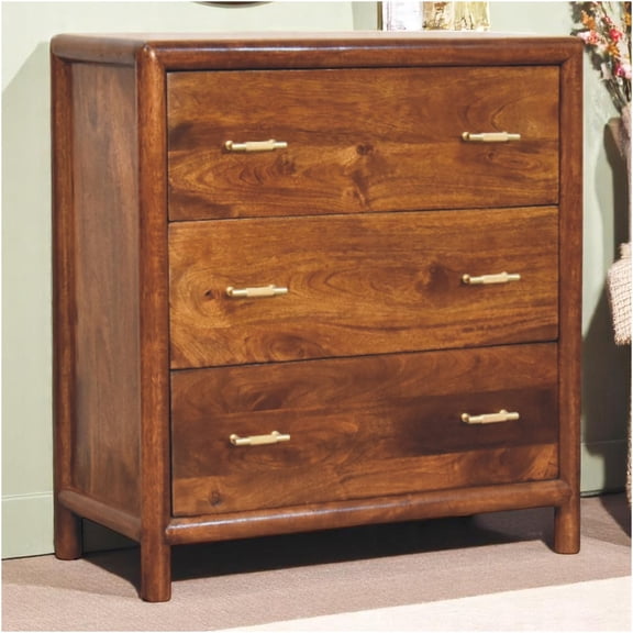 JERFIT 3 Drawer Dresser, Solid Mango Wood Chestnut Brown Chest with Brass Handles for Bedroom, Living Room & Hallway