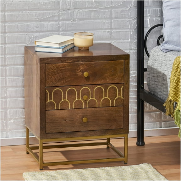 JERFIT 3-Drawer Nightstand, Gold Fish Scale Design Mango Wood Bedside Table with Iron Frame, Mid-Century Modern Accent Table for Bedroom, Walnut