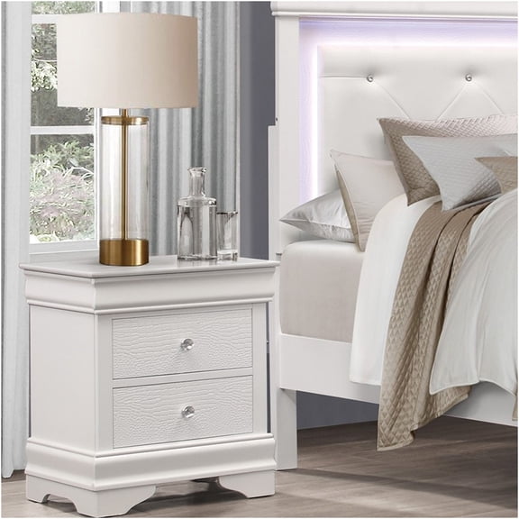 JERFIT 3-Drawer Nightstand, White Alligator Embossed Bedside Table with Crystal Knobs, Traditional Wood Bedroom Storage Chest
