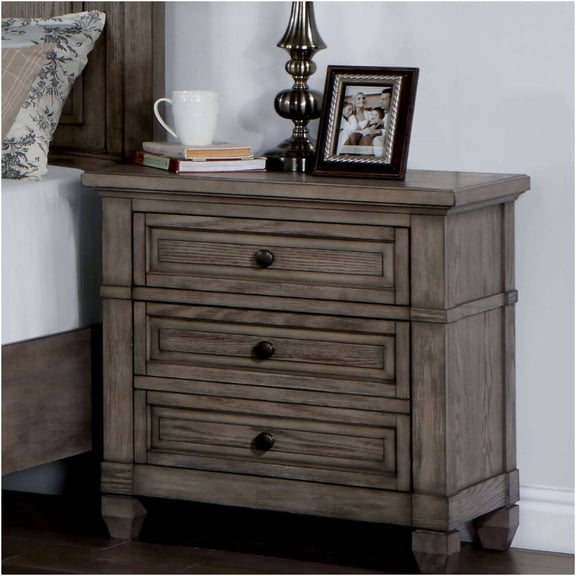 JERFIT 3-Drawer Nightstand with USB Port, Solid Wood Bedside Table with Cedar Drawers, Wire-Brushed Gray Finish, Transitional Style