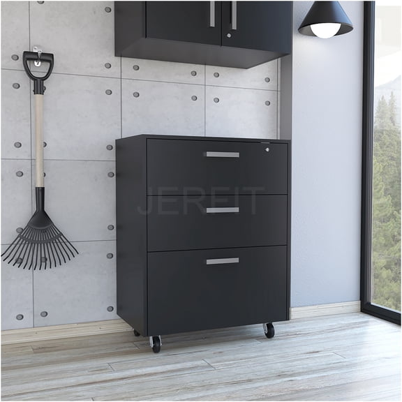 JERFIT 3-Drawer Rolling Storage Cabinet with Lock, Mobile Organizer Cart on Casters for Home Office, Modern Black Melamine Particle Board