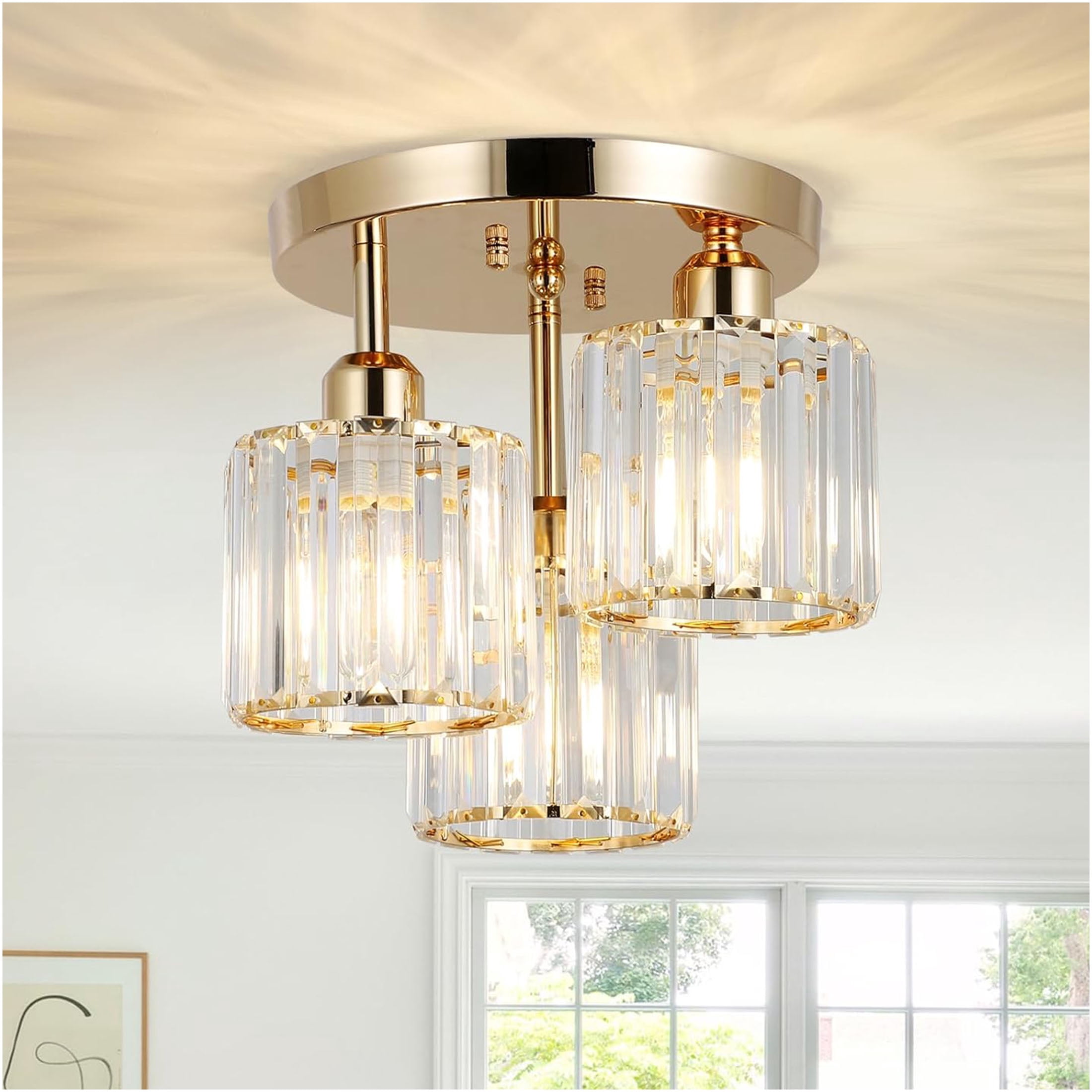 JERFIT 3-Light Crystal Ceiling Light Fixture, Gold Modern Semi-Flush Mount Chandelier with Clear Prisms for Kitchen Hallway Bathroom Bedroom Lighting