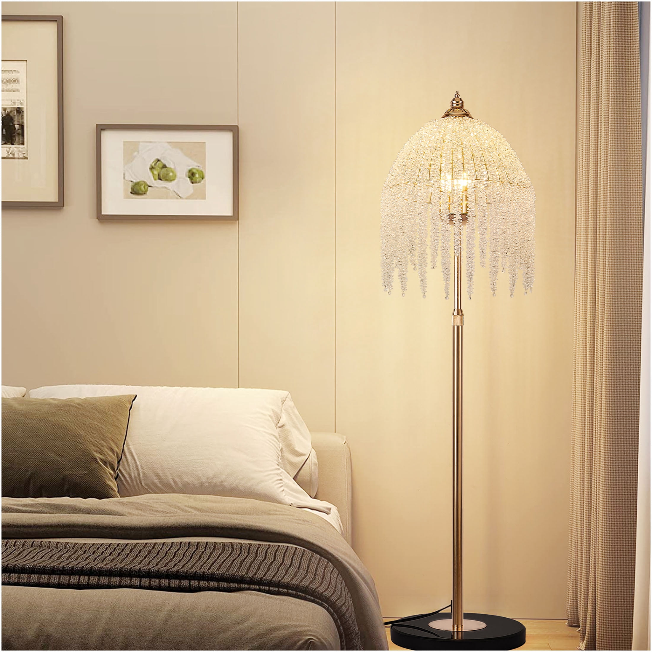 JERFIT 3-Light Crystal Floor Lamp with Waterfall Beads, Vintage Gold Iron Floor Light for Living Room, Bedroom, Office Decor, Plug-in with Foot Switch, No Bulbs Included