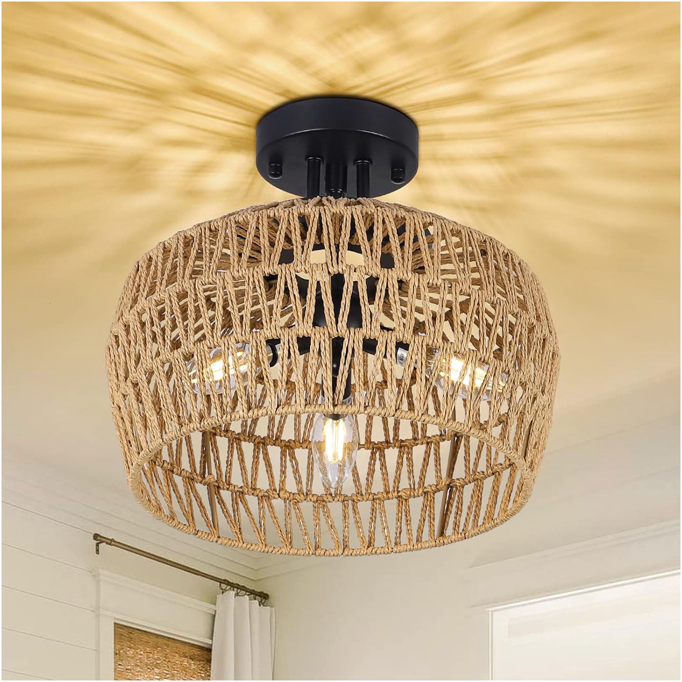 JERFIT 3-Light Semi Flush Mount Ceiling Light Fixture, Handwoven Wicker Rattan Shade, Boho Chandelier for Bedroom, Kitchen, Hallway, Living Room