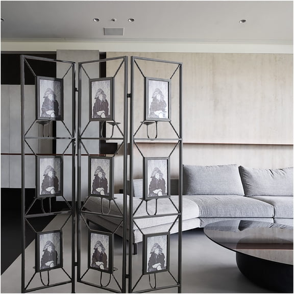 JERFIT 3-Panel Black Metal Photo Frame & Antique Mirror Room Divider Screen with Decorative Candle Holders