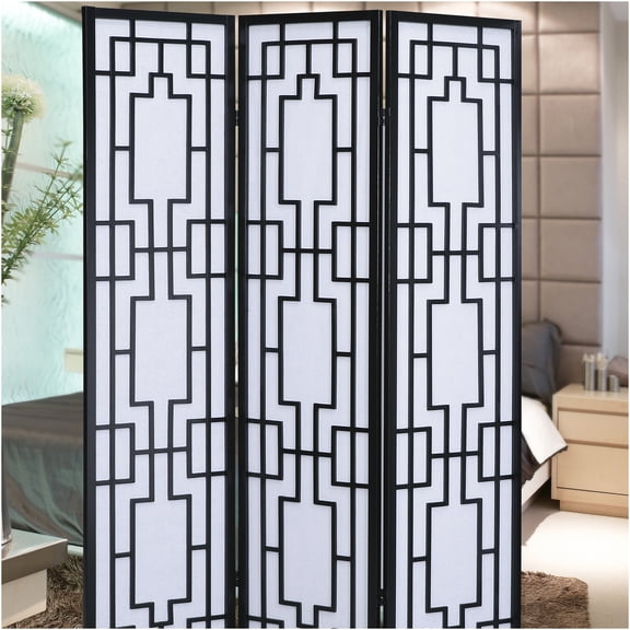 JERFIT 3-Panel Black Shoji Screen Room Divider, Folding Privacy Partition with Geometric Design for Home & Office