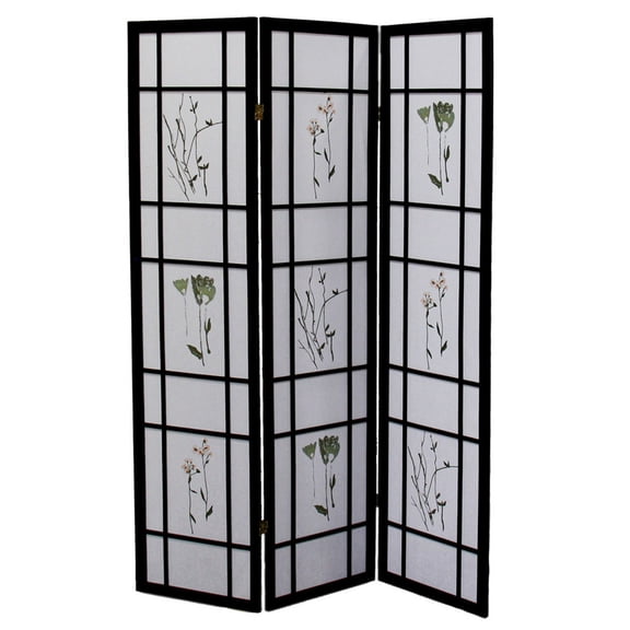 JERFIT 3-Panel Japanese Shoji Screen Room Divider, Black Wood Folding Privacy Partition with Floral Design