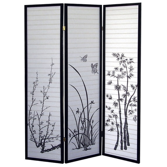 JERFIT 3-Panel Room Divider Privacy Screen with Botanical Floral Pattern, Black Wood Accent for Living Room, Bedroom, Office