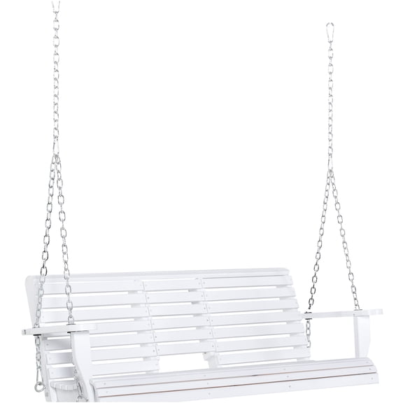 JERFIT 3-Person Patio Swing with Pull-Down Table & Cup Holders, All-Weather Wooden Hanging Bench for Porch, Garden, Backyard, White