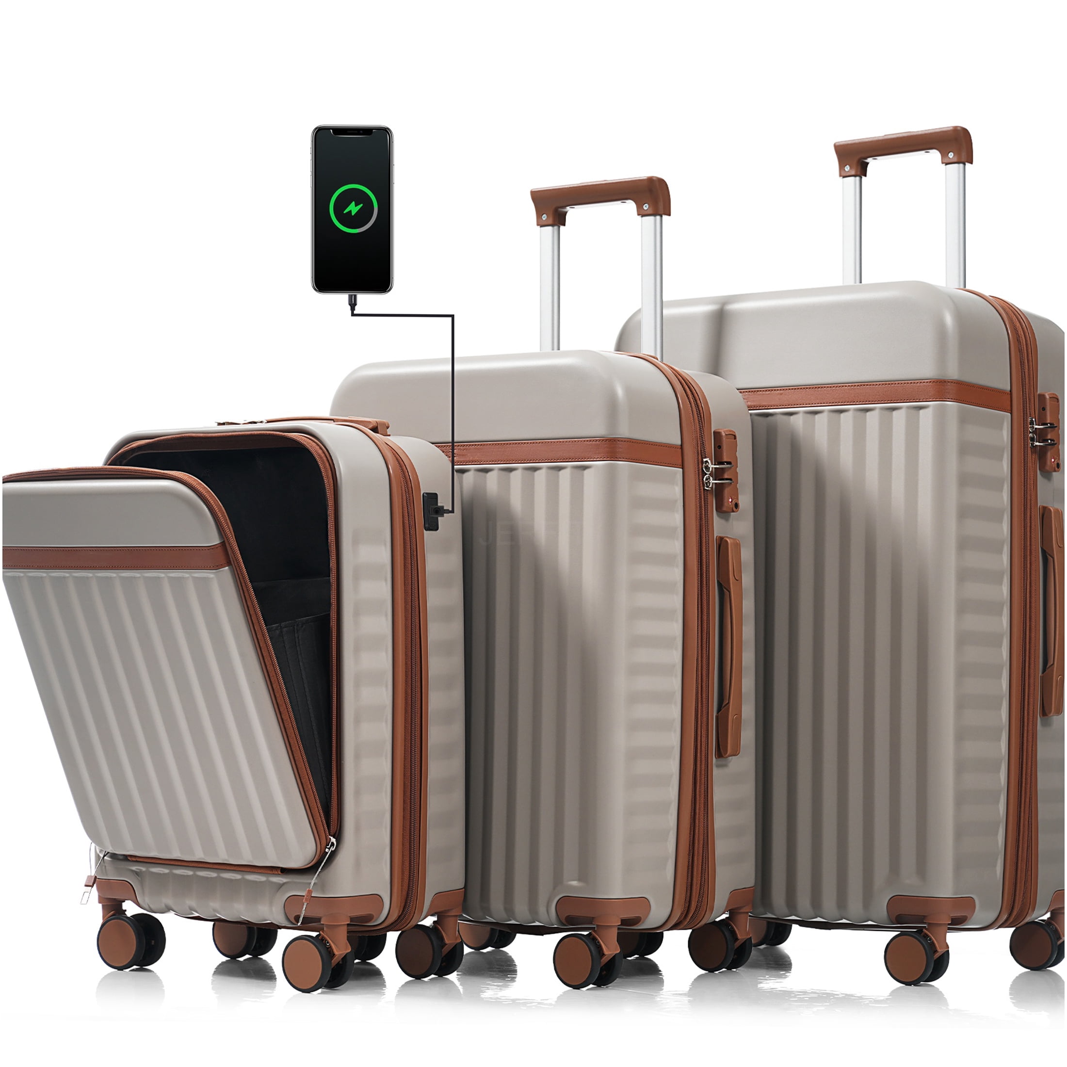 JERFIT 3-Piece ABS Hard Shell Luggage Set with USB Port & TSA Lock, Front-Opening Carry on Spinner Suitcases for Effortless Travel