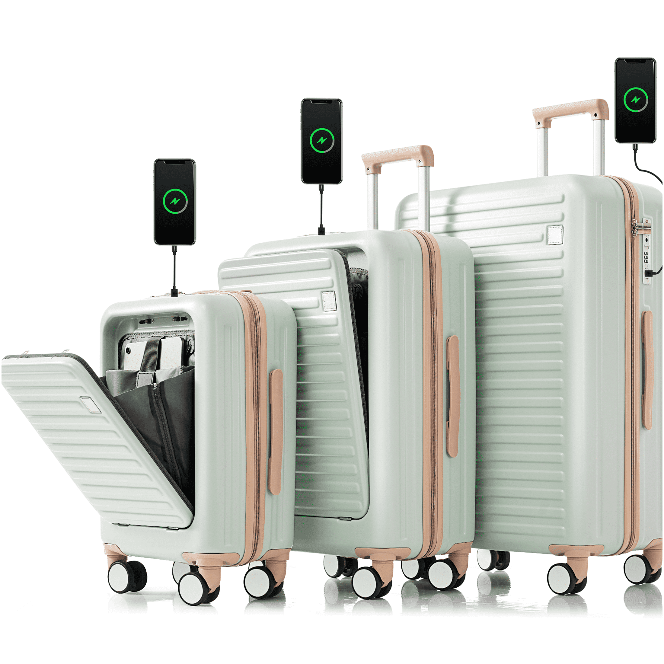 JERFIT 3-Piece ABS Hard Shell Spinner Luggage Set with USB Charging Ports, Front-Open Design & Cup Holder, 20/24/28 Inch Airline Approved Suitcases, Grey