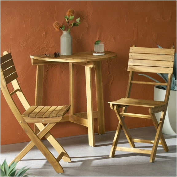 JERFIT 3-Piece Acacia Wood Folding Bistro Set for Small Spaces, Patio Balcony Garden Furniture, Half-Round Table & Chairs, Natural Finish