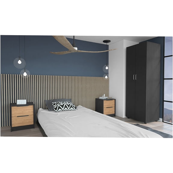 JERFIT 3-Piece Bedroom Set with Armoire and 2 Nightstands, Black Particle Board, Full Size Storage Solution