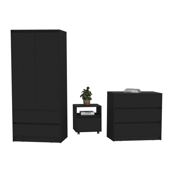 JERFIT 3-Piece Black Bedroom Set with Armoire, Dresser & Nightstand, Engineered Wood Storage Furniture
