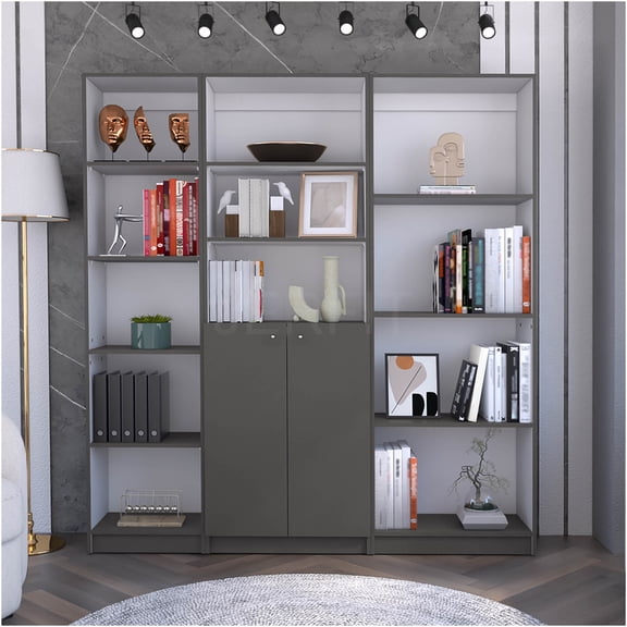 JERFIT 3-Piece Bookcase Set with Cabinet, 67" Wide 12-Shelf Storage Bookcase Organizer with 2 Doors for Living Room, Office, Multicolor Finish