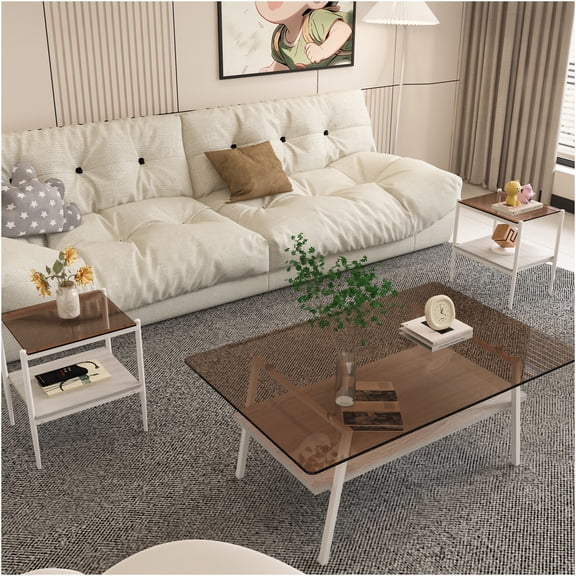 JERFIT 3-Piece Coffee Table Set with End Tables, Modern Brown Tempered Glass Top, MDF Shelf & Sturdy Iron Legs for Living Room