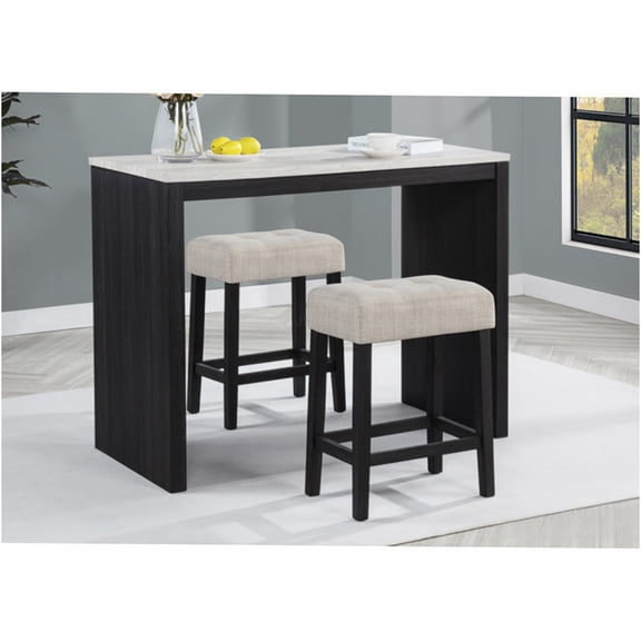 JERFIT 3-Piece Counter Height Dining Set with Faux Marble Tabletop and Upholstered Stools, Beige and Black Modern Bistro Table and Chair Set for Kitchen, Breakfast Nook