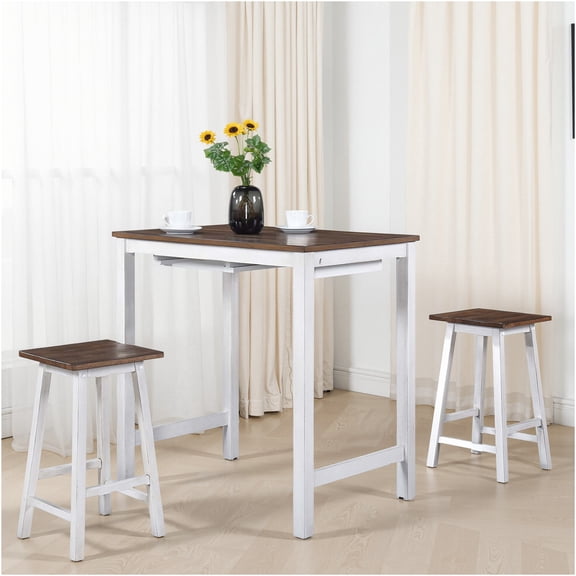 JERFIT 3-Piece Counter Height Dining Set with Table and 2 Stools, Farmhouse Style Kitchen Table Set for Small Spaces, Antique Dark Oak Finish, Solid Wood Construction