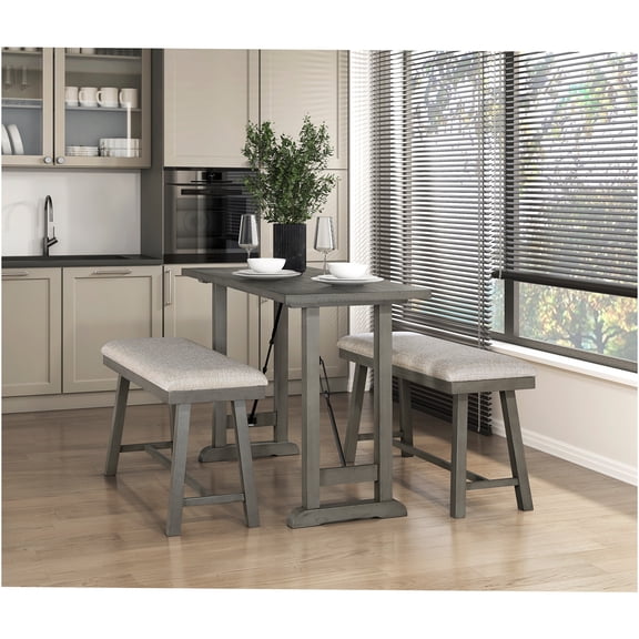 JERFIT 3-Piece Counter Height Dining Set with Table and 2 Benches, Light Gray Industrial Kitchen Breakfast Nook Furniture for 4