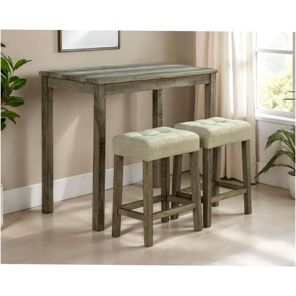 JERFIT 3-Piece Counter Height Dining Set with Tufted Stools, Transitional Rubberwood Table and Chairs for Kitchen, Beige and Brown