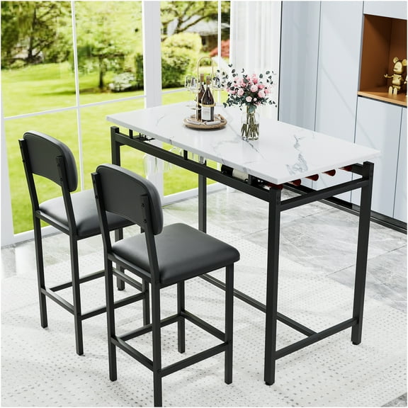JERFIT 3-Piece Counter Height Dining Table Set with 2 Padded Stools, Small Kitchen Bistro Set for Breakfast Nook, Apartment, Cafe, Modern Black