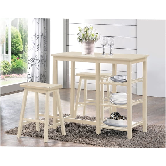 JERFIT 3-Piece Cream Kitchen Breakfast Nook Set with Storage Shelf, Counter Height Table and 2 Stools, Farmhouse Style Dining