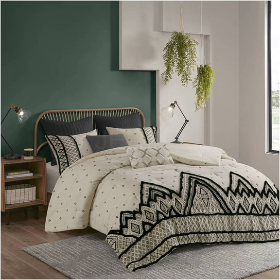 JERFIT 3-Piece Diamond Pattern Comforter Set, Full/Queen, White & Black Cotton Linen Blend Chenille Trim Bedding