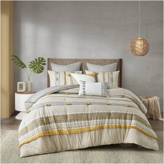 JERFIT 3-Piece Gray and Yellow Stripe Cotton Comforter Set with Pom Poms, Full Queen Bedding Set, Hypoallergenic & OEKO-TEX Certified