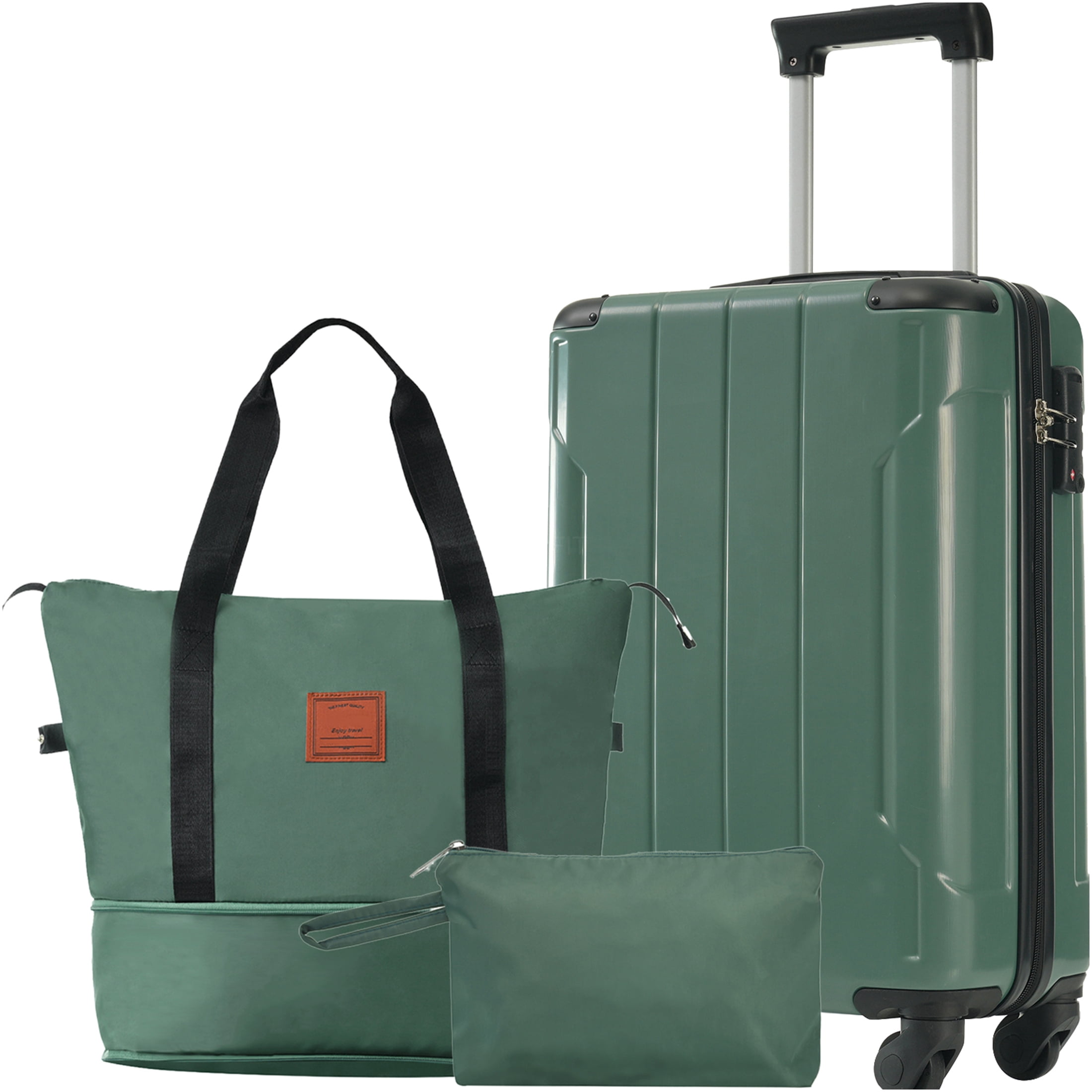 JERFIT 3-Piece Green Hardshell Spinner Luggage Set, 20 Inch Carry On ABS Suitcase with TSA Lock, Weekender Duffel & Toiletry Bag for Air Travel