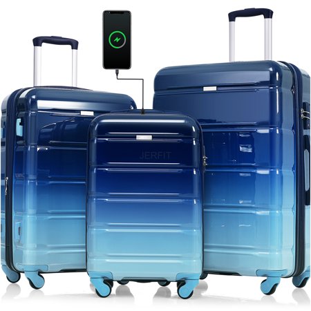 JERFIT 3-Piece Hard Shell Carry On Luggage Set with USB Charging Port, 20" Spinner Suitcase, Lightweight & Scratch-Resistant, Gradient Blue