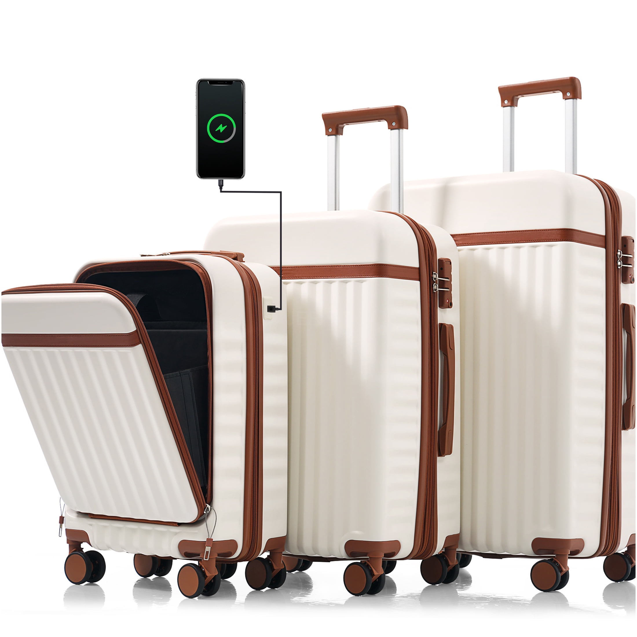 JERFIT 3-Piece Hard Shell Luggage Set with USB Port, Front-Open Carry-On, 360° Spinner Wheels & TSA Lock for Effortless Travel