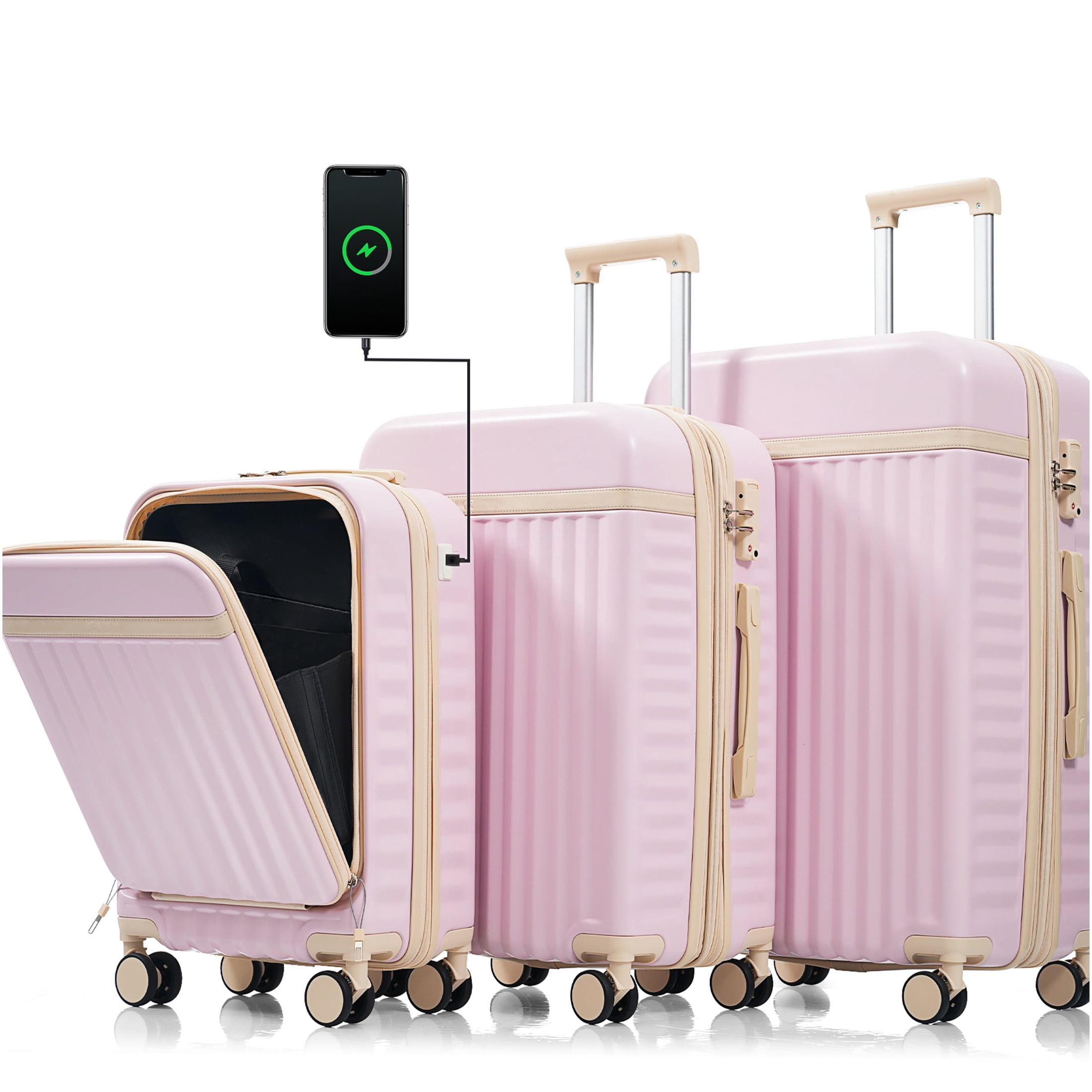 JERFIT 3-Piece Hard Shell Luggage Set with USB Port, TSA Lock & Spinner Wheels, Airline Approved Carry On Suitcase Set in Light Pink