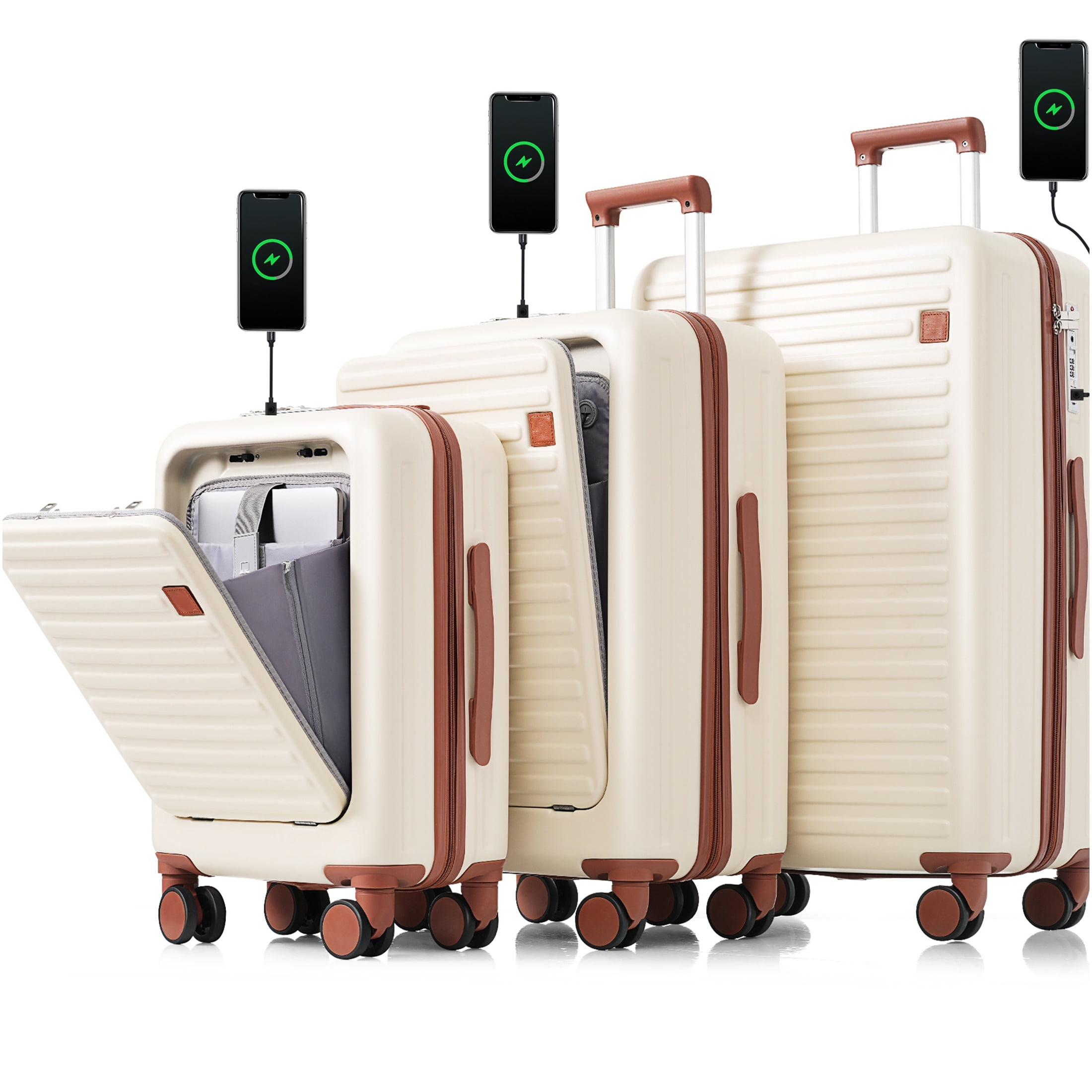 JERFIT 3-Piece Hard Shell Spinner Luggage Set with USB Port, Front Pocket & Cup Holder, Airline Approved Carry On, ABS Suitcase in Ivory