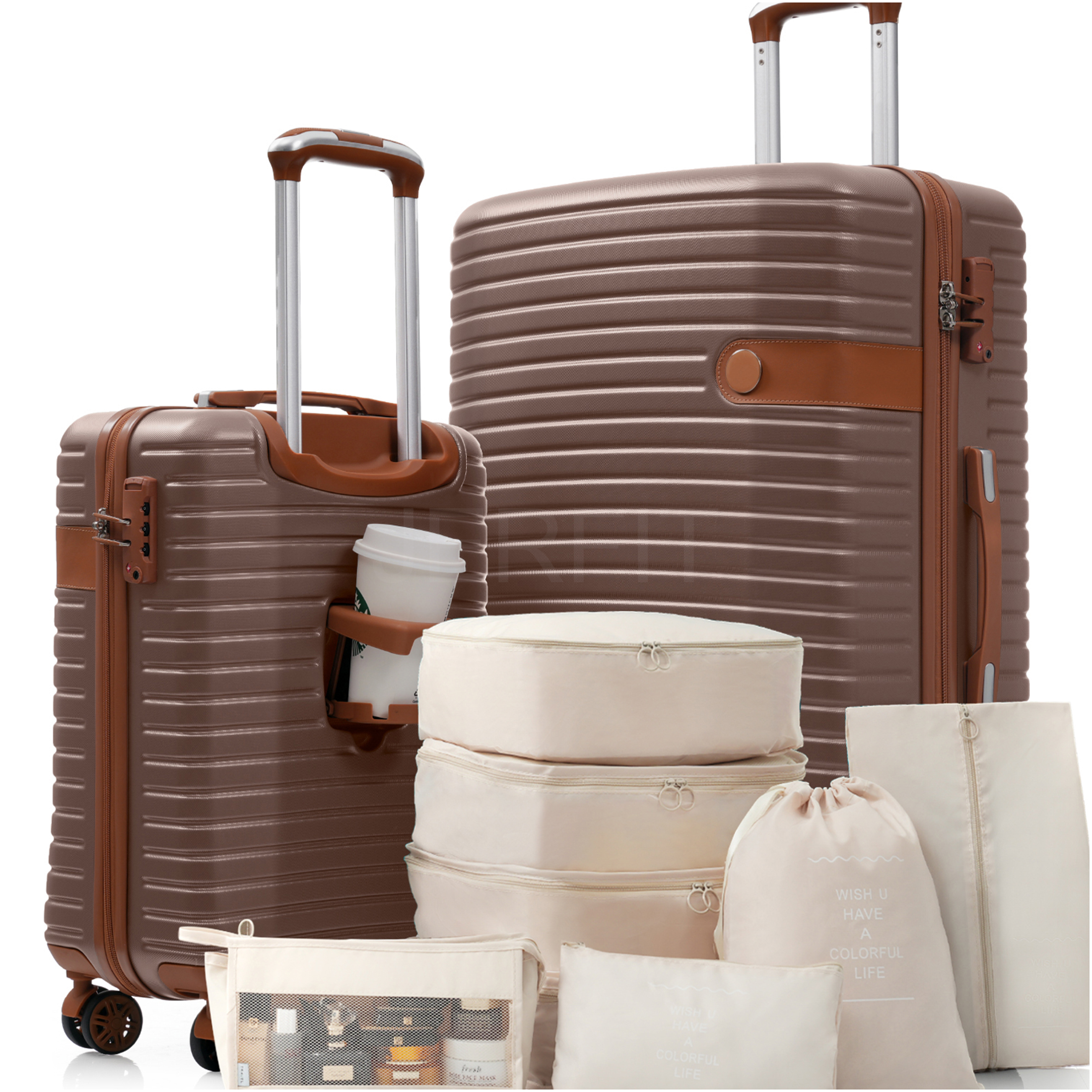JERFIT 3-Piece Hardshell ABS Suitcase Set with TSA Lock, 360° Spinner Wheels, Lightweight Check-In & Carry-On Luggage for Men and Women, Brown