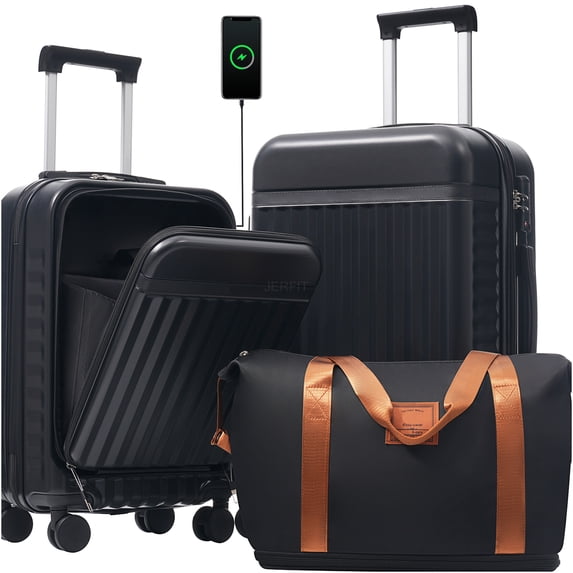 JERFIT 3-Piece Hardside Luggage Set with Front Opening, USB Charging Port, TSA Lock & Spinner Wheels, Expandable Suitcase Set in Black