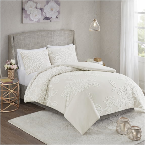 JERFIT 3-Piece King Size Comforter Set - Soft Cotton Chenille Bedding with Floral Design, Off-White, Hypoallergenic, Farmhouse Chic