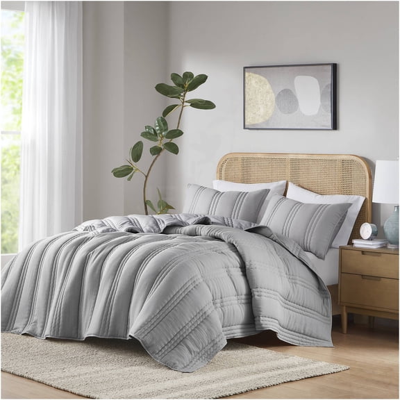 JERFIT 3-Piece King Size Crinkle Gauze Quilt Set with Shams, Gray - Antimicrobial, Hypoallergenic & OEKO-TEX Certified Bedding