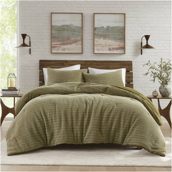 JERFIT 3-Piece King Size Waffle Weave Comforter Set, 100% Cotton All-Season Bedding Set with Sham Covers, OEKO-TEX Certified, Sage Green
