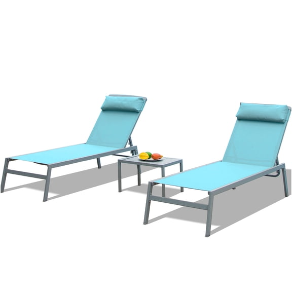 JERFIT 3-Piece Lake Blue Outdoor Chaise Lounge Set with Side Table, Adjustable Textilene Pool Sun Loungers, Patio Furniture for Garden, Deck, Backyard