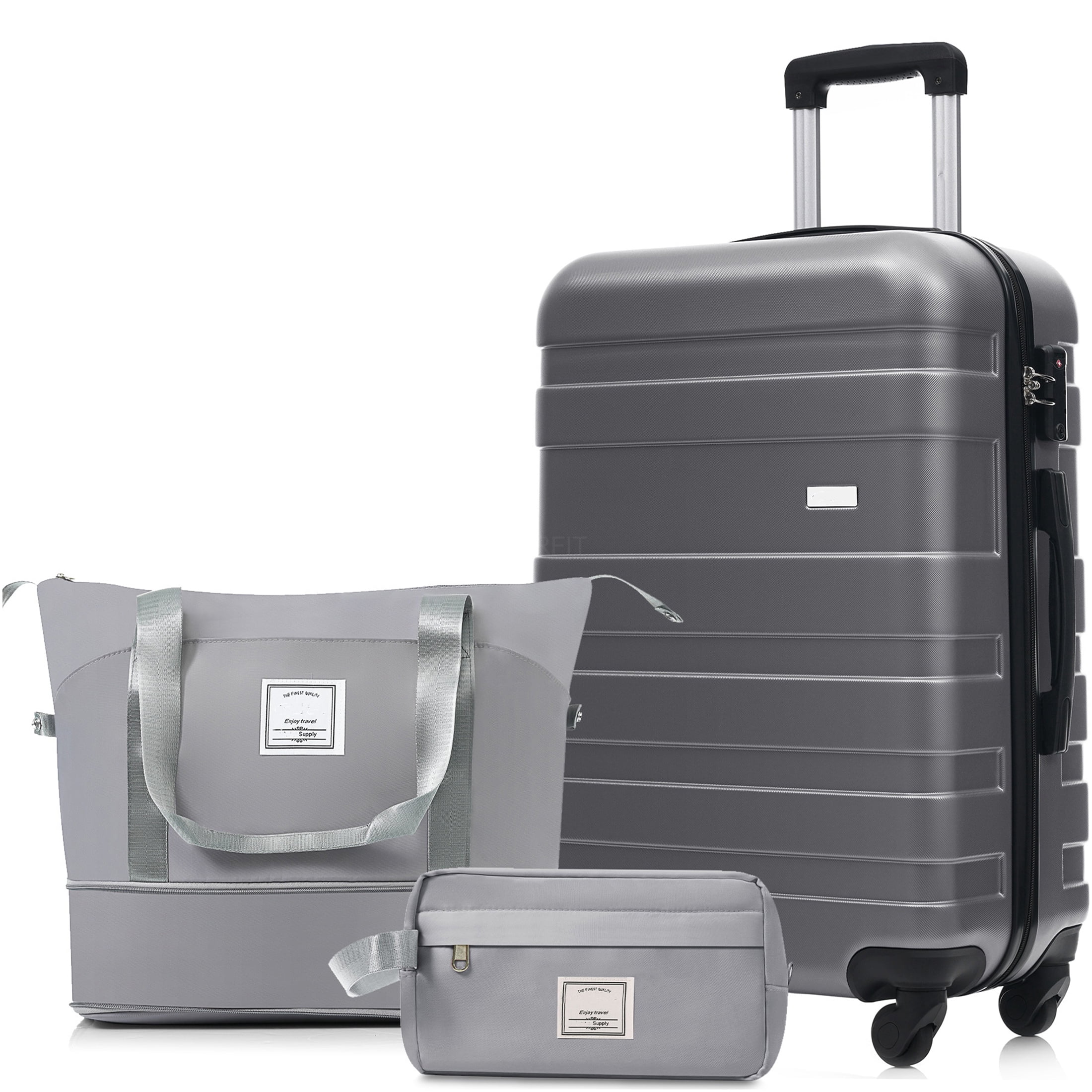 JERFIT 3-Piece Luggage Set with TSA Lock, 24in Hardside Spinner Suitcase, Travel Duffel Bag & Water-Resistant Toiletry Bag, Lightweight ABS, Grey