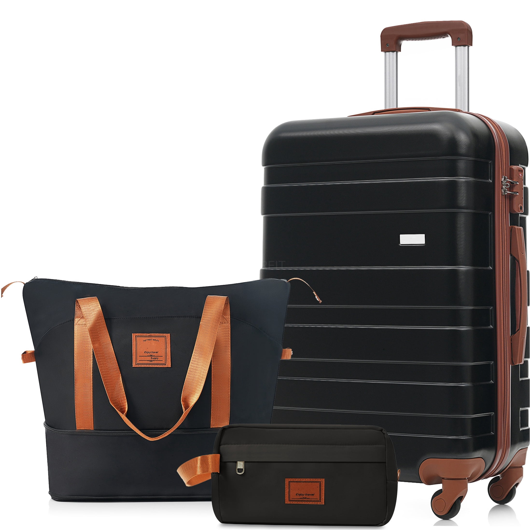 JERFIT 3-Piece Luggage Set with TSA Lock, Spinner Suitcase, Travel Duffel & Wet-Dry Toiletry Bag, Black ABS Hardshell