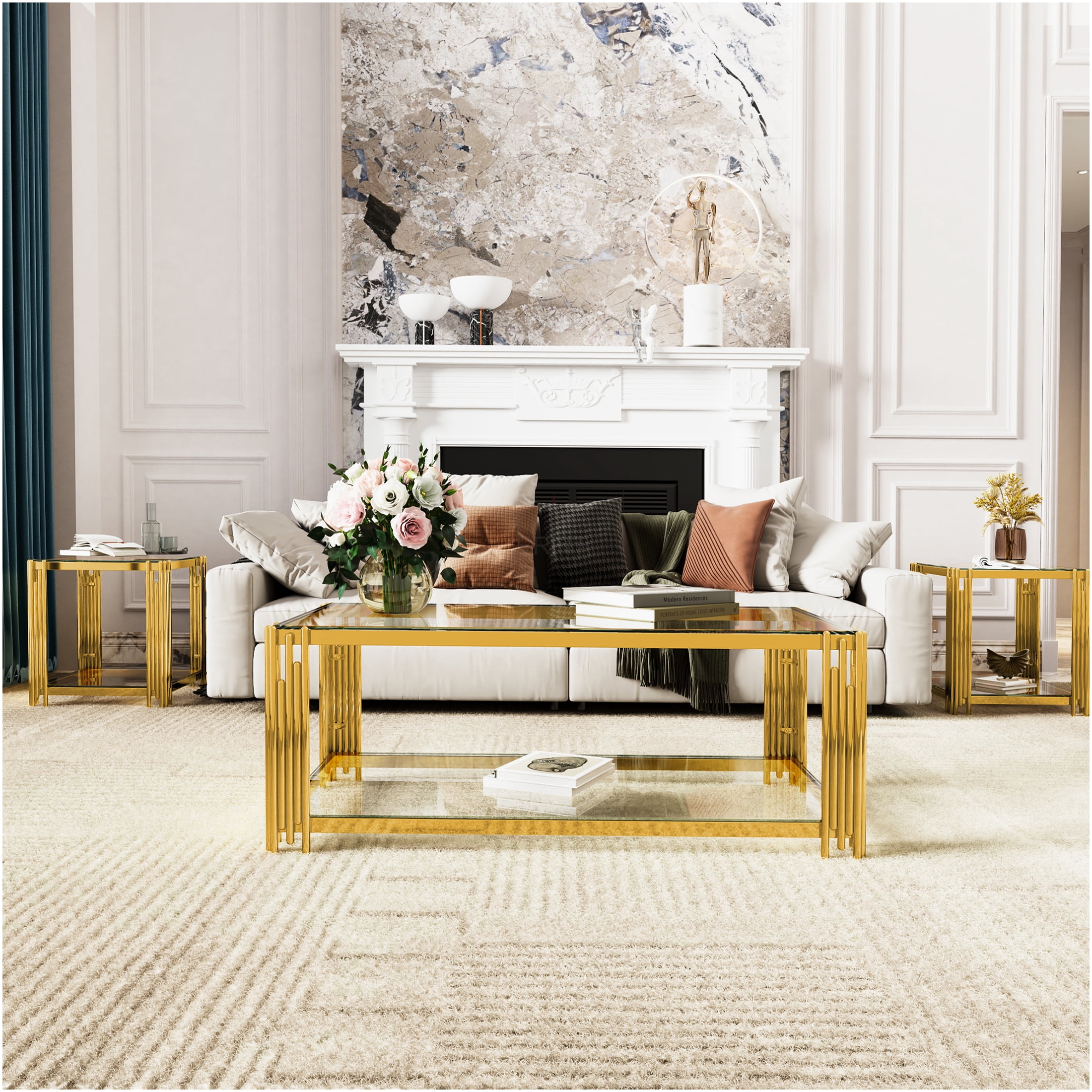JERFIT 3-Piece Modern Gold Coffee Table Set with Tempered Glass Tops ...