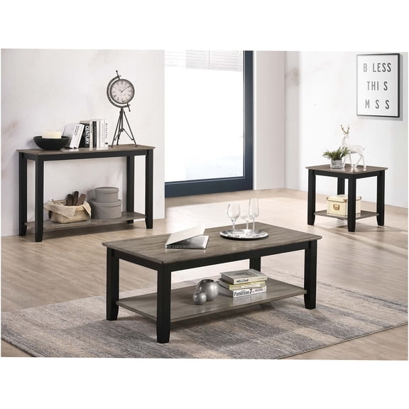 JERFIT 3-Piece Modern Occasional Table Set with Storage Shelf, Coffee Table, Sofa Table & End Table, Walnut Veneer Top, Solid Rubberwood Legs, Black/Gray for Living Room