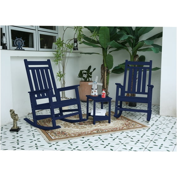 JERFIT 3-Piece Navy Blue All-Weather Patio Rocking Chair Set with Side Table, Ergonomic Outdoor Rocker Chairs, Durable Plastic Wood Texture Furniture for Garden, Porch, Deck