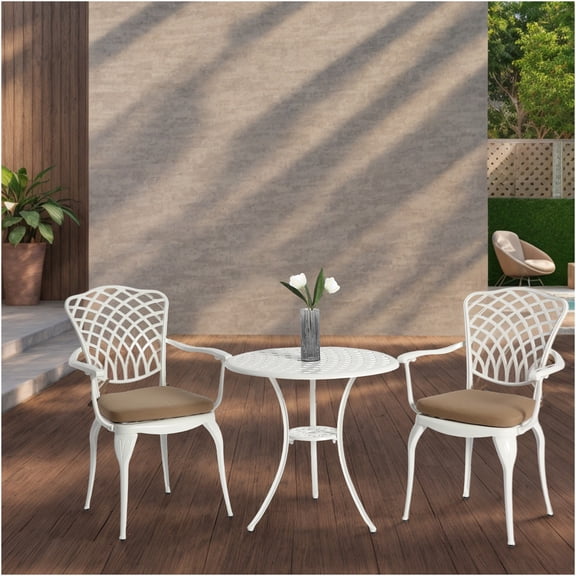 JERFIT 3-Piece Outdoor Bistro Set with Table and 2 Chairs, White Cast Aluminum Patio Furniture with Umbrella Hole, All-Weather Garden Cafe Set
