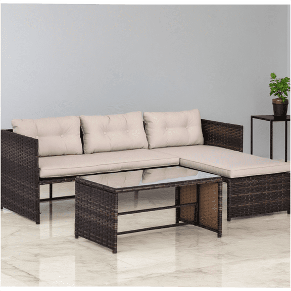 JERFIT 3-Piece Outdoor Patio Furniture Sets, PE Wicker Rattan Sectional Sofa Set with Chaise Lounge, Loveseat & Tempered Glass Coffee Table, All-Weather Brown