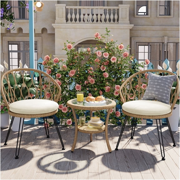 JERFIT 3-Piece Outdoor Patio Set with 2 Beige Rattan Chairs and Glass Table for Garden, Balcony, Poolside