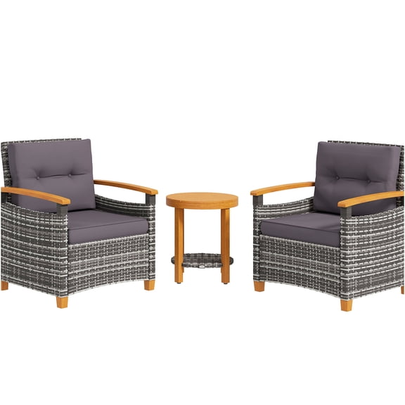 JERFIT 3-Piece Outdoor Patio Set with Cushions, All-Weather PE Rattan Bistro Set, Small Space Garden Furniture for Balcony, Porch, Deck, Gray